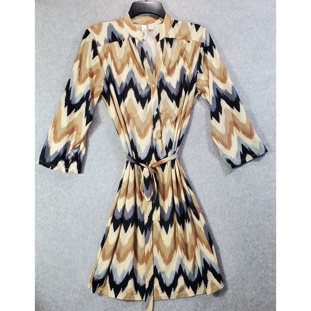 Tacera Shirt Dress Womens Small Tan Chevron Geometric Roll Tab Sleeve Belted‎